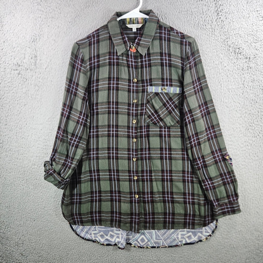 John Mark Womens Small Plaid Geometric Mixed Media Button Down Shirt Olive Green
